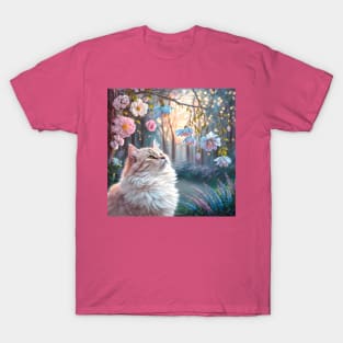 Fluffy cat in the floral nature garden T-Shirt